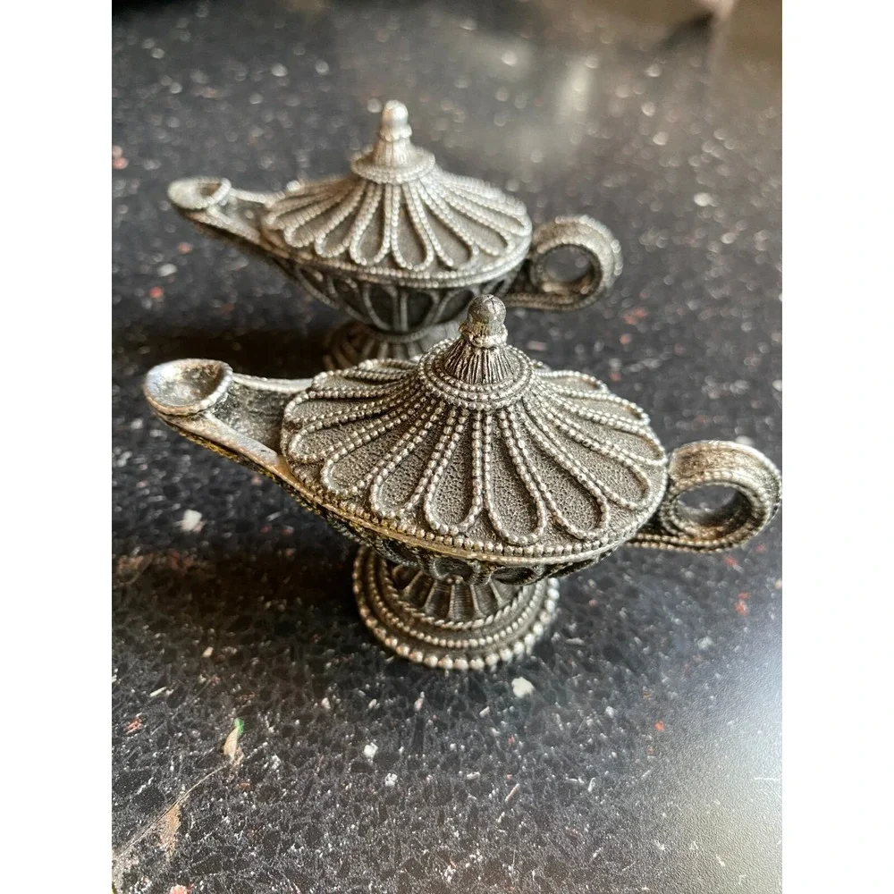 Vintage Florenza Aladdin Genie Lamp Trinket Ring Pill Box Set of 2 Silver Tone